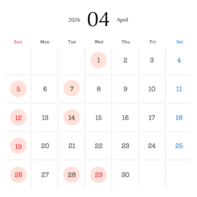 2026年4月営業日カレンダー