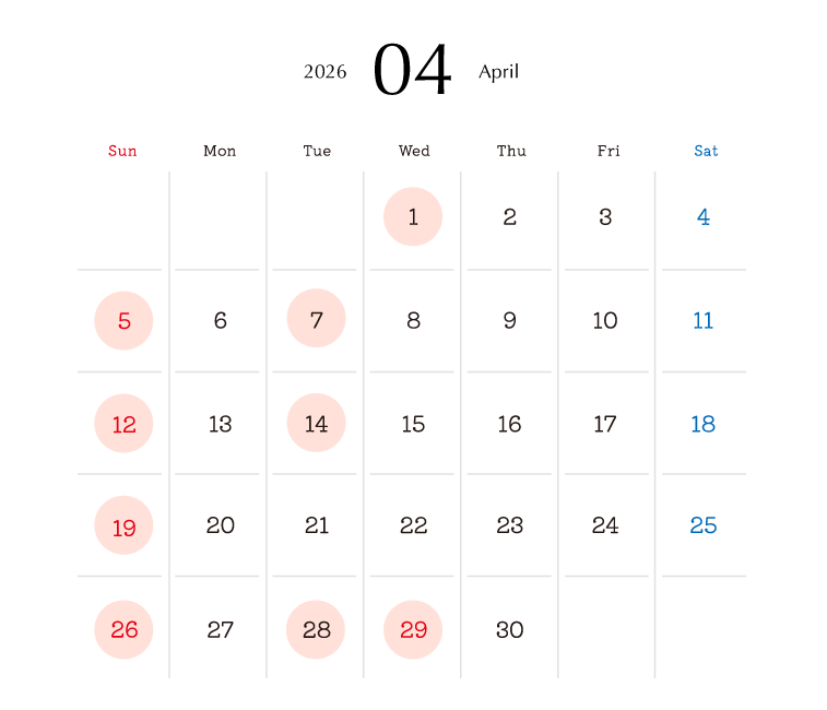 2026年4月営業日カレンダー