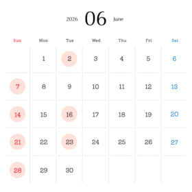 2026年6月営業日カレンダー