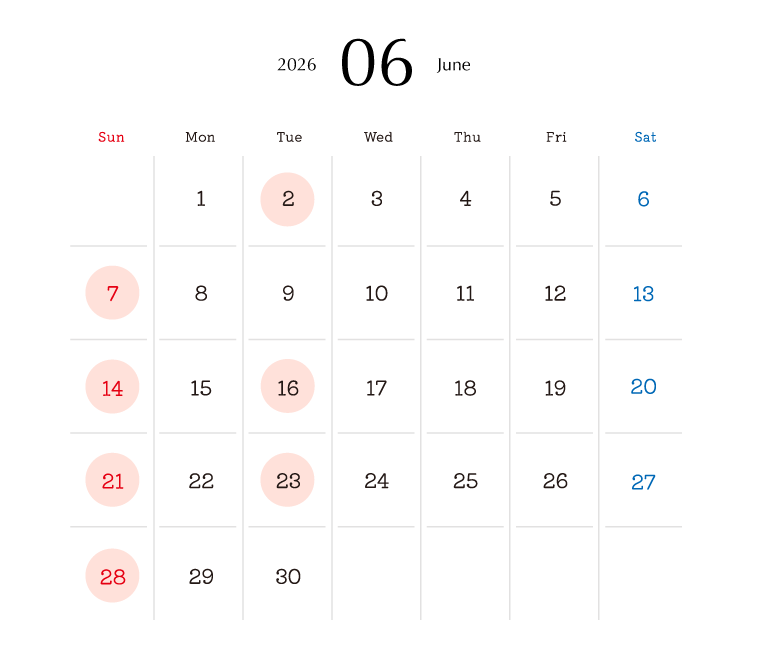 2026年6月営業日カレンダー