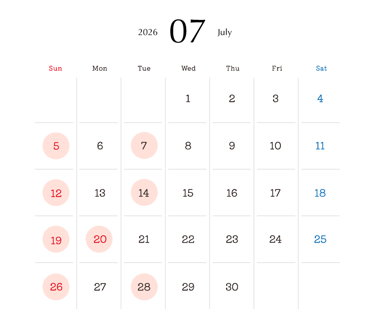 2026年7月営業日カレンダー