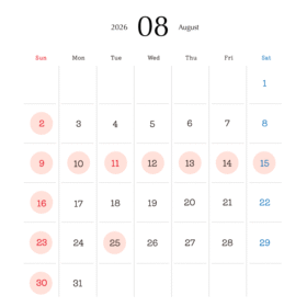 2026年8月営業日カレンダー