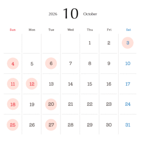 2026年10月営業日カレンダー